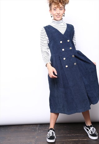 VINTAGE 90S NAVY CORD CORDUROY PINAFORE MIDI DRESS