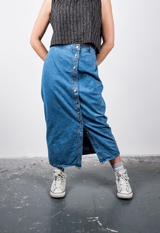 VINTAGE 1990S BLUE DENIM BUTTON DOWN MAXI SKIRT