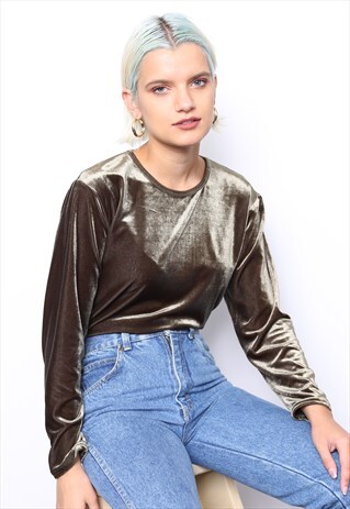 VINTAGE 90S BROWN VELVET LONG SLEEVE TOP