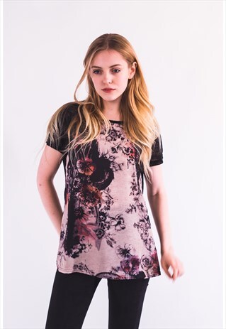 FLORAL PRINT T-SHIRT TOP IN BLACK