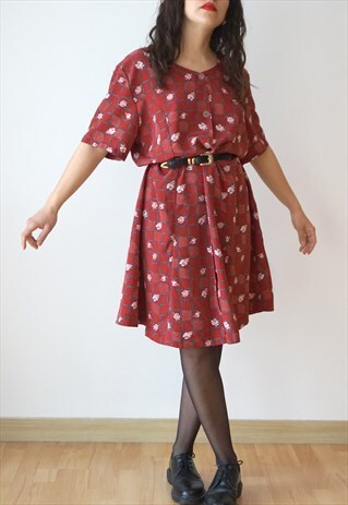 VINTAGE SHORT SLEEVE PATTERNED RED FESTIVAL DRESS