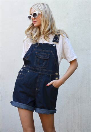 VINTAGE 90S DARK INDIGO BLUE DENIM SHORT DUNGAREES
