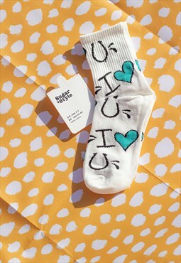 Turquoise Bold Love Print Socks
