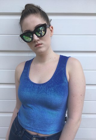 WOMENS VINTAGE 90S VERSACE VEST FESTIVAL BLUE SPARKLY TOP