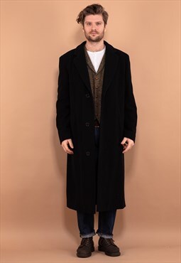 Vintage 90's Men Pure New Wool Long Coat in Black