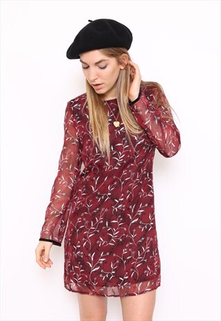 VINTAGE 80S PURPLE FLORAL SHEER SLEEVE DRESS