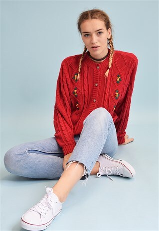 80'S RETRO FLORAL EMBROIDERY KNIT MOMS CARDIGAN