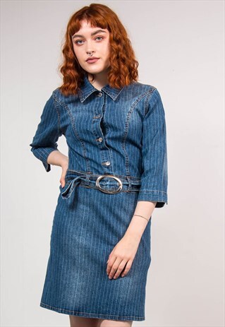 VINTAGE 90'S BLUE PINSTRIPE DENIM BELTED MIDI DRESS