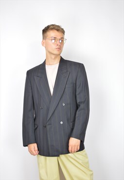 Vintage dark grey striped classic 80's wool suit blazer