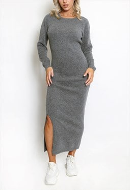 Round Neck Side Slit Knitted Dress In Grey