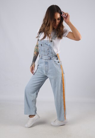 VINTAGE DENIM DUNGAREES STRIPE BICH REWORKED UK 10 (W5K)