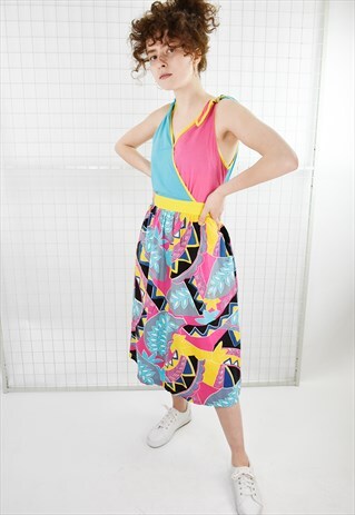 VINTAGE 80S TIE SHOULDER ABSTRACT PRINT MIDI SUN DRESS