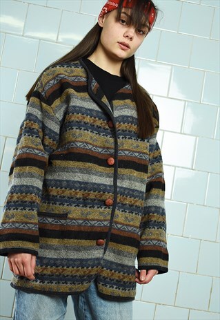 VINTAGE 80S RETRO BOHO HIPPIE AZTEC OVERSIZED JACKET COAT