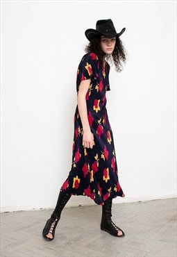 Vintage 80s Micro Pleated Midi Dress Floral Doses Navy