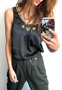 Beaded Gold Embroidered Black Satin Tank Top Blouse L