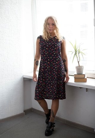 VINTAGE 80'S FLOWER PRINT MIDI DRESS IN BLACK