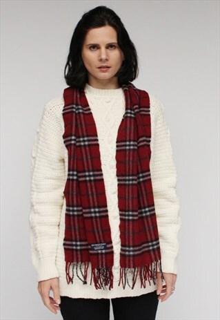 VINTAGE LAMBSWOOL CHECKED SCARF RED-AS45