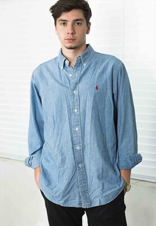 VINTAGE POLO RALPH LAUREN DENIM SHIRT LOGO 90S L 12.2