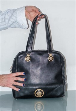 90's Vintage iconic golden decor black leather handbag