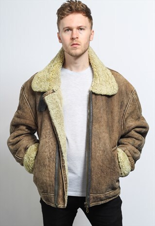 VINTAGE SUEDE AVIATOR FLEECE SHEEPSKIN JACKET COAT