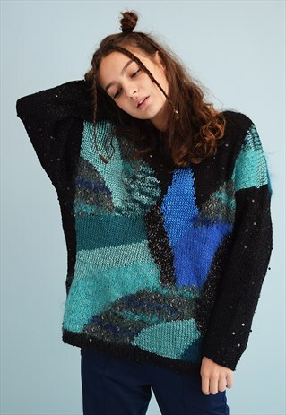 80'S RETRO ABSTRACT PATTERN OVERSIZED SEQUINED KNIT JUMPER