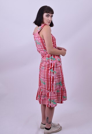 VINTAGE 90'S RED PINK SLEEVELESS FLOWER PRINT DRESS 10 12