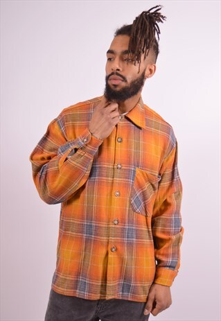 MENS VINTAGE FLANNEL SHIRT LARGE ORANGE 90S