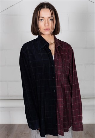 VINTAGE CORDUROY CHECKED FLANNEL RECONSTRUCTED UNISEX SHIRT