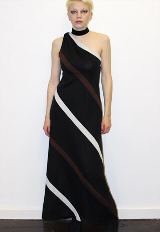 70S VINTAGE LONG PARTY MAXI DRESS STRIPED BLACK BROWN
