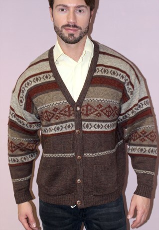 VINTAGE 70S MENS BROWN AZTEC PRINT KNITTED CARDIGAN
