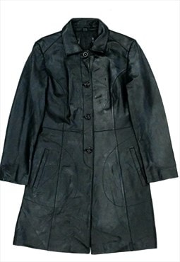 Black Long Leather Jacket 90s Vintage Trench style