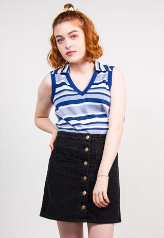 VINTAGE 70'S BLUE STRIPED SLEEVELESS BLOUSE SHIRT