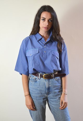 80S VINTAGE BLUE PULLOVER POLO T SHIRT