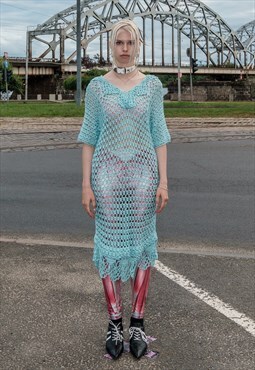 Vintage Y2K sexy mermaid crochet midi dress in aquamarine