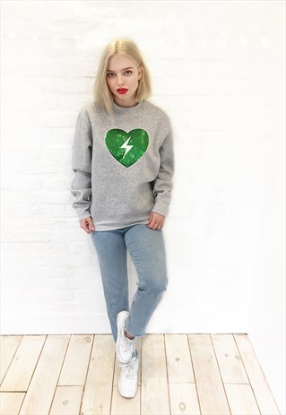 UNISEX JUMPER IN GREY WITH SEQUIN HEART MOTIF IN GREEN