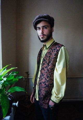 VINTAGE OLIVE SHIRT WITH EMBROIDED BURGUNDY VEST