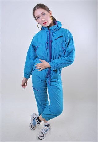 VINTAGE BLUE SKI SUIT, WOMEN RETRO ONE PIECE SNOWSUIT JAPAN