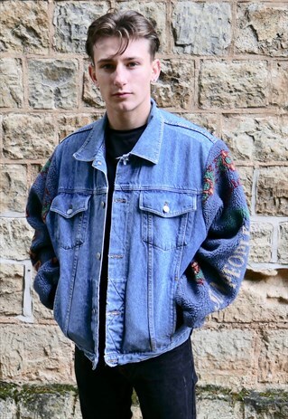 MENS VINTAGE OVERSIZED DENIM BOMBER JACKET FLEECE
