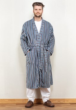 Vintage 90's Men Terry Bathrobe in Grey and Blue Stripes