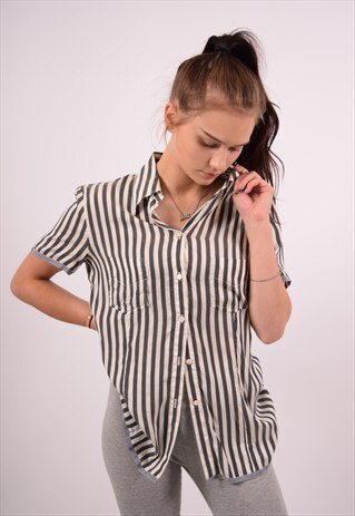 VINTAGE ARMANI JEANS SHIRT SHORT SLEEVE STRIPES GREY