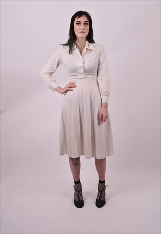 VINTAGE 70'S CUTE CREAM HIGH WAIST DRESS SIZE 8 TO 10