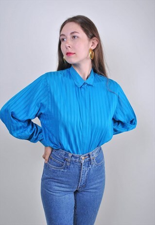 90S BLUE STRIPED SUIT BLOUSE FOR WORK, SIZE L