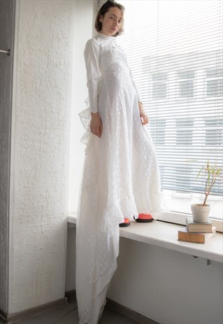 VINTAGE 70'S RARE WHITE MAXI LONG SLEEVED HIGH NECK DRESS