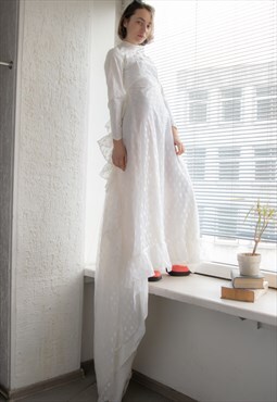 Vintage 70's Rare White Maxi Long Sleeved High Neck Dress