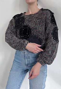 Vintage 80s Boxy Puff Sleeve Patch Floral Detail Knit Jumper
