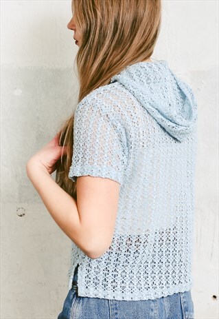 VINTAGE 80S BABY BLUE CROCHET TOP WITH HOOD