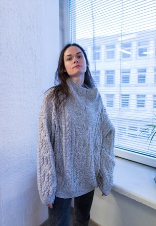 VINTAGE 90'S GREY WOOL HAND KNITTED OVERSIZED JUMPER