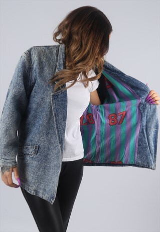 VINTAGE DENIM BLAZER JACKET OVERSIZED ACID WASH UK 14 (DK4J)