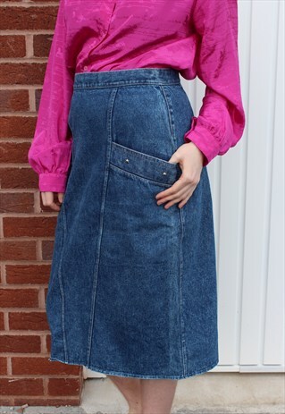 VINTAGE 90'S BLUE DENIM MIDI SKIRT WITH EMBOSSED METAL STARS