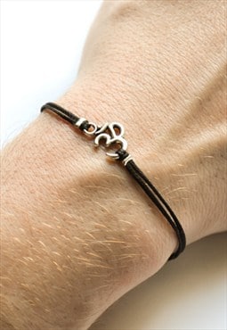 Silver Om charm bracelet men black cord yoga jewelry for him